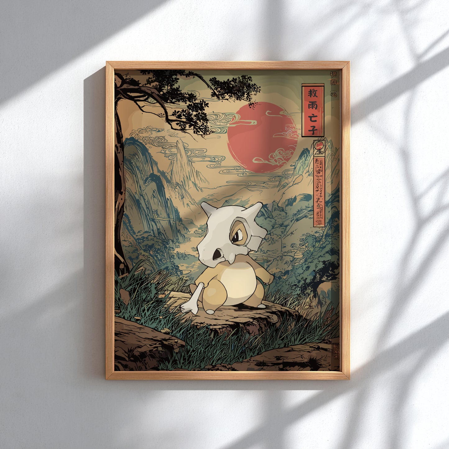 Framed artwork with a stylized landscape and Cubone Pokemon on a white wall.