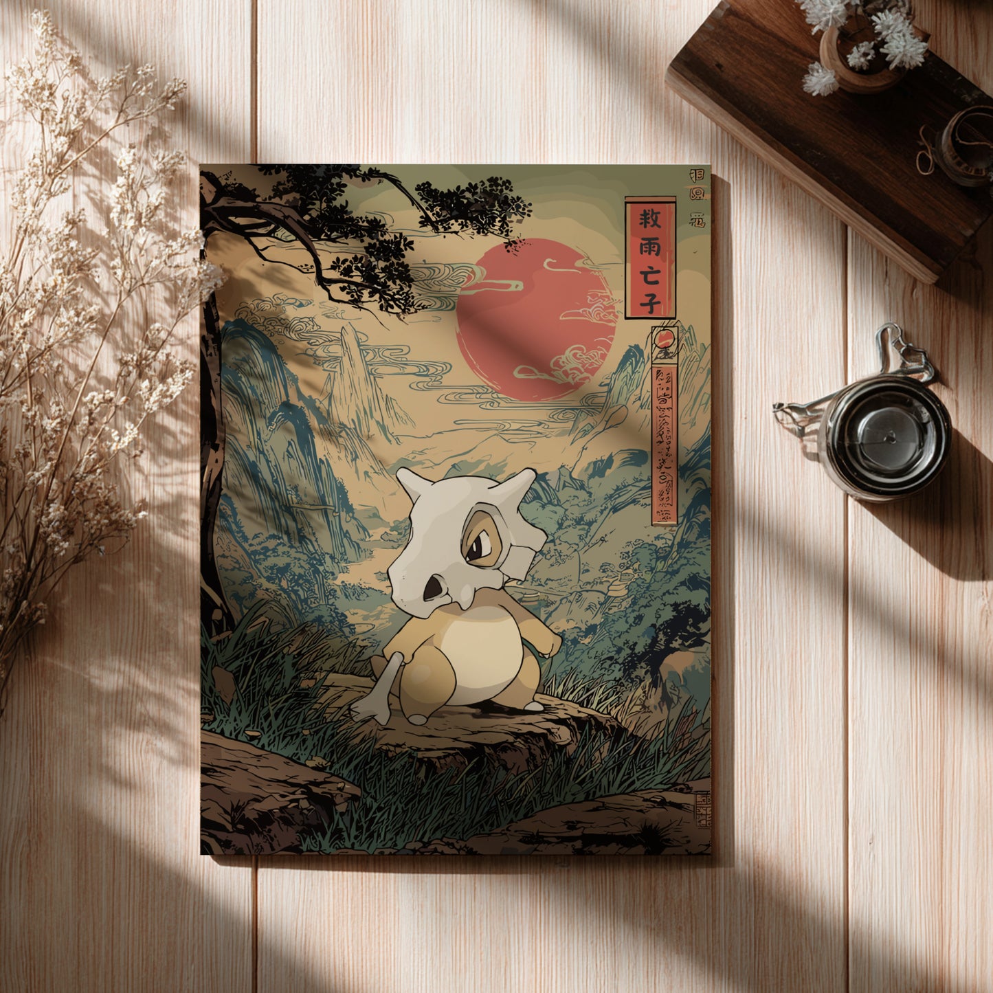 Illustration of Cubone Pokemon in a natural setting with a red sun on a wooden surface.
