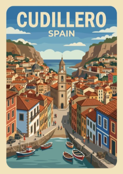 Poster of Cudillero Spain featuring colorful houses on cliffs overlooking a small harbor.