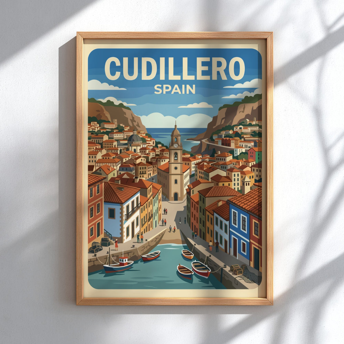 Poster of Cudillero Spain featuring colorful houses on cliffs overlooking a small harbor.