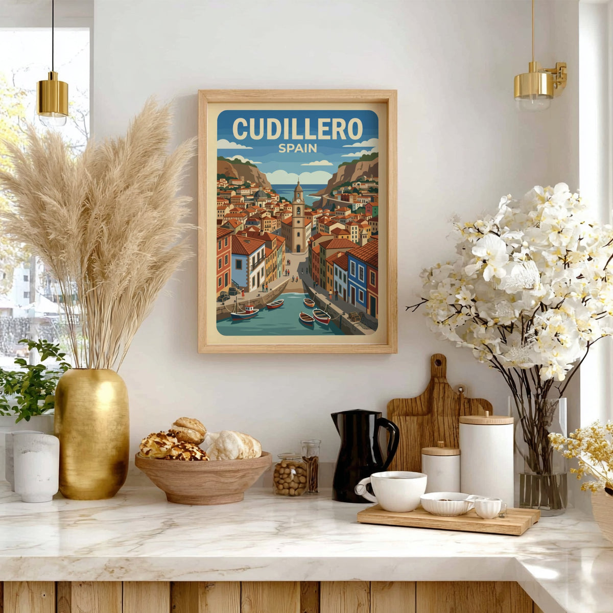 Poster of Cudillero Spain featuring colorful houses on cliffs overlooking a small harbor.
