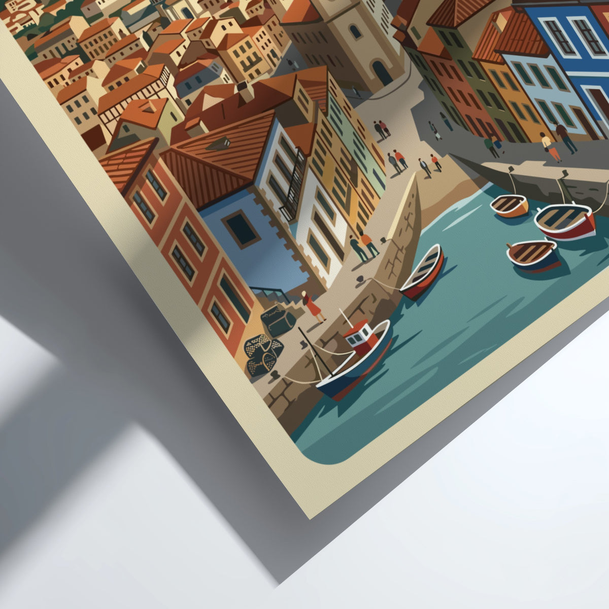 Poster of Cudillero Spain featuring colorful houses on cliffs overlooking a small harbor.
