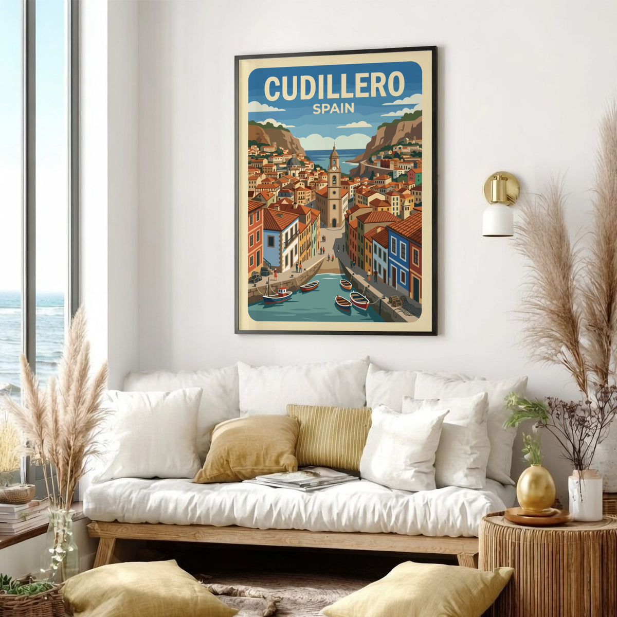 Poster of Cudillero Spain featuring colorful houses on cliffs overlooking a small harbor.