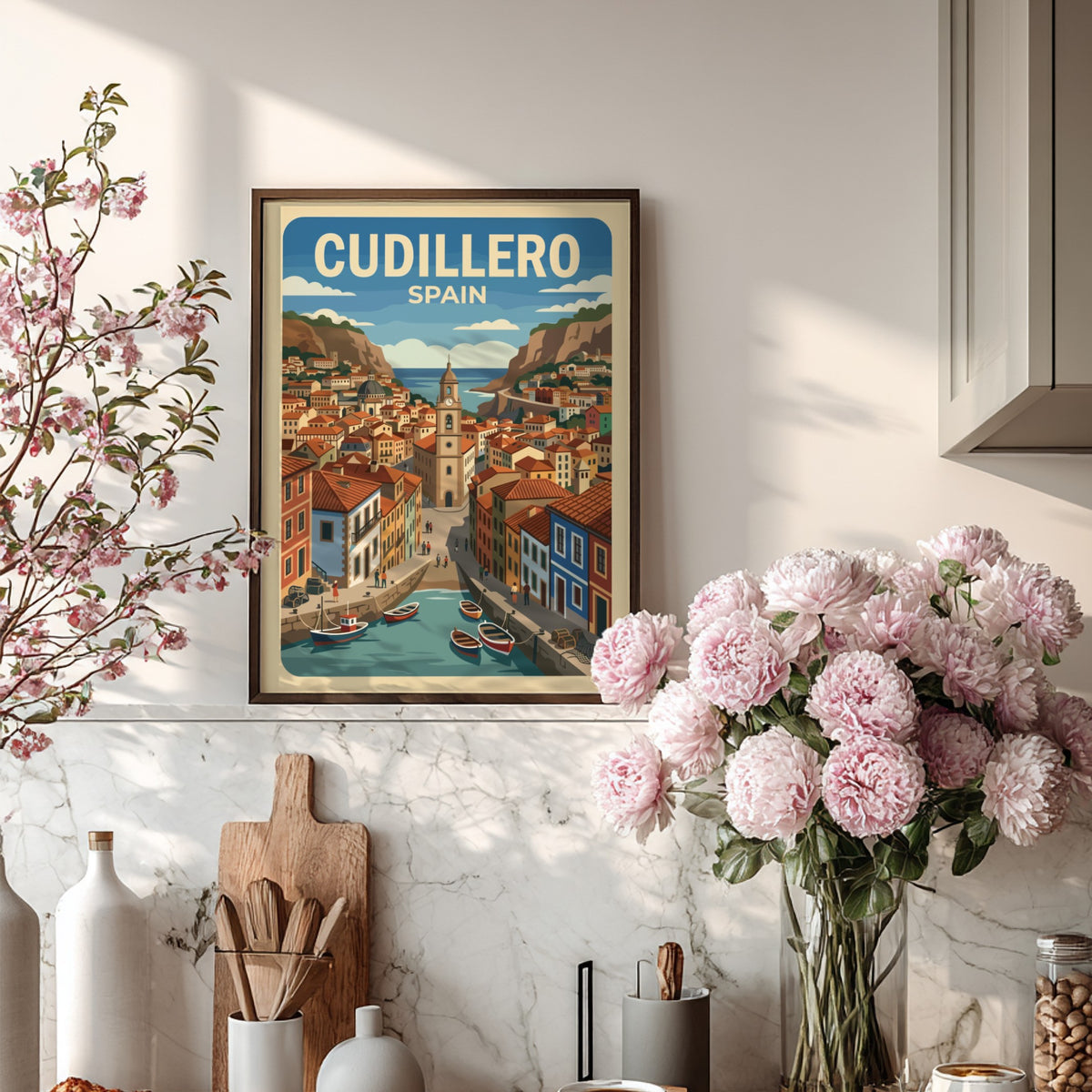 Poster of Cudillero Spain featuring colorful houses on cliffs overlooking a small harbor.