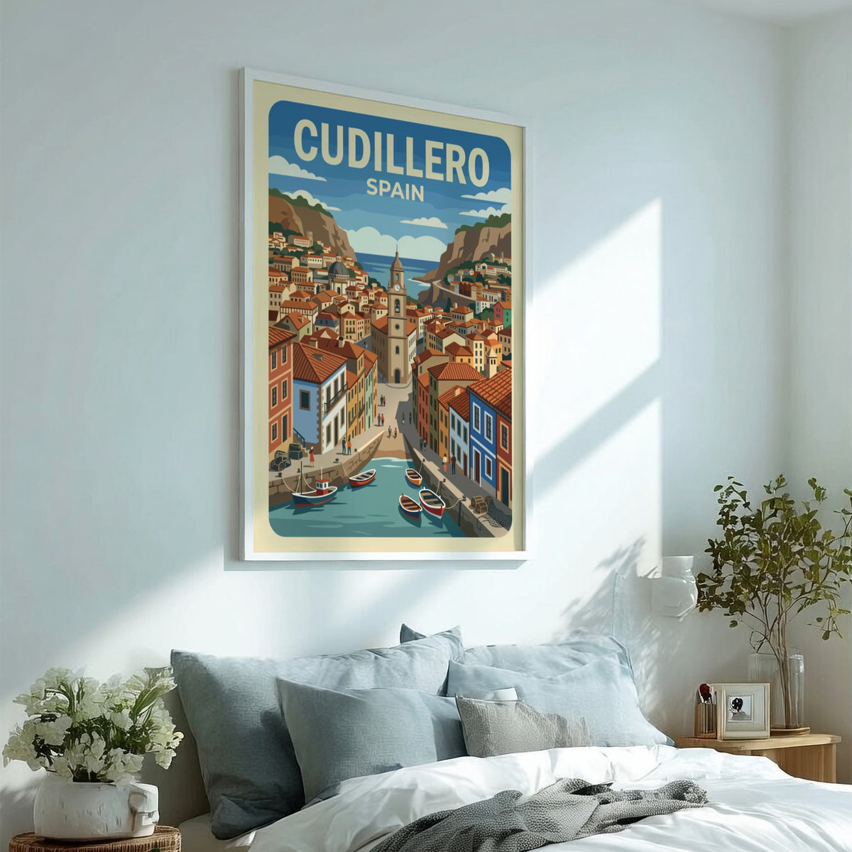 Poster of Cudillero Spain featuring colorful houses on cliffs overlooking a small harbor.