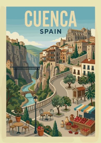 Vintage travel poster of Cuenca, Spain, showcasing hanging houses and a river gorge in a retro art style.
