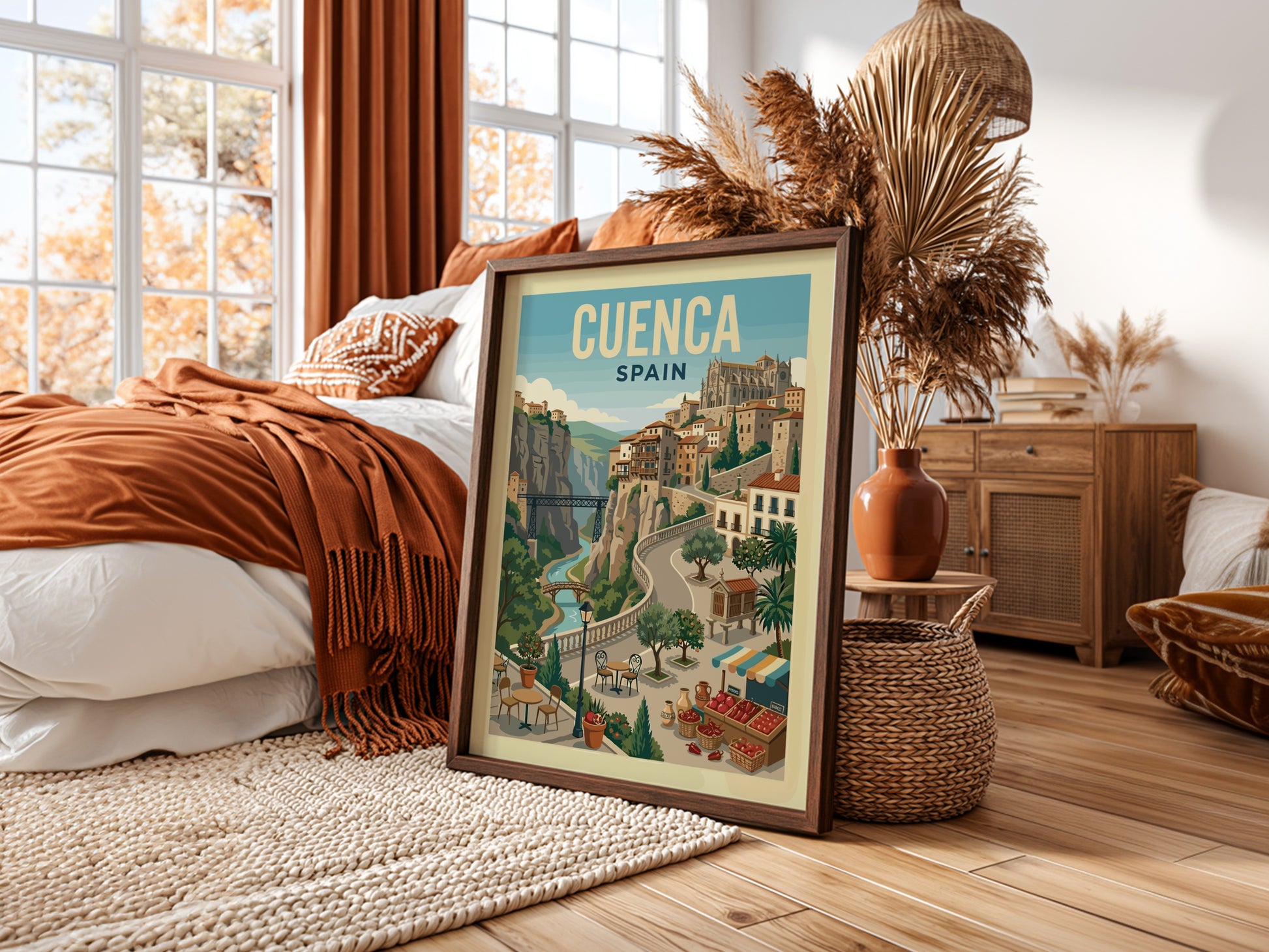 Vintage travel poster of Cuenca, Spain, showcasing hanging houses and a river gorge in a retro art style.