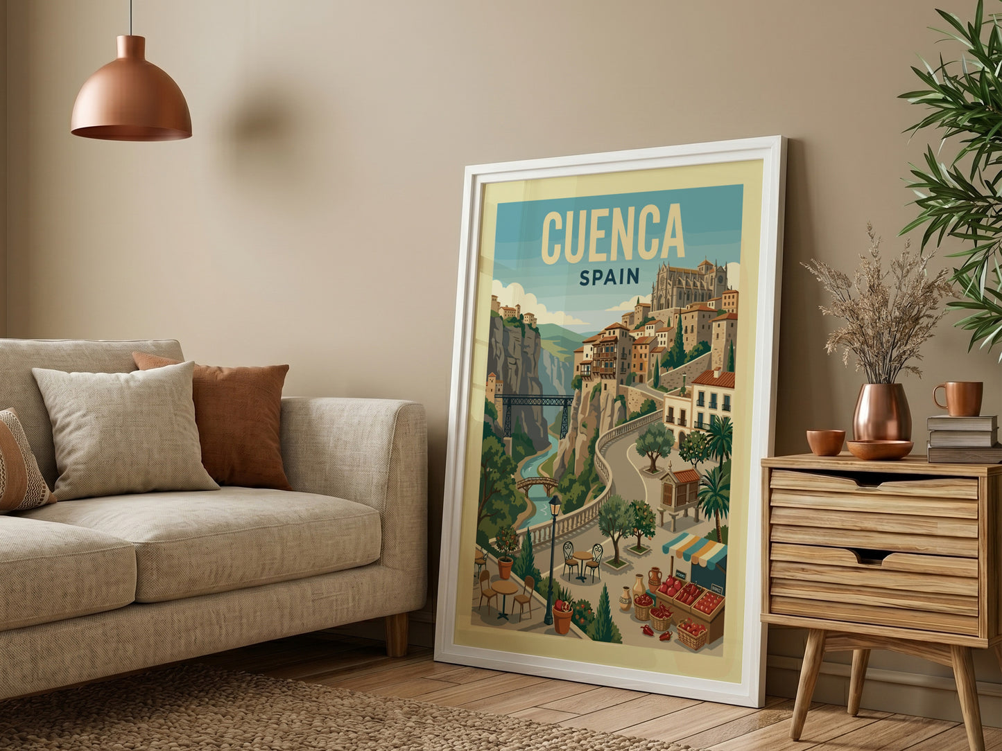 Vintage travel poster of Cuenca, Spain, showcasing hanging houses and a river gorge in a retro art style.