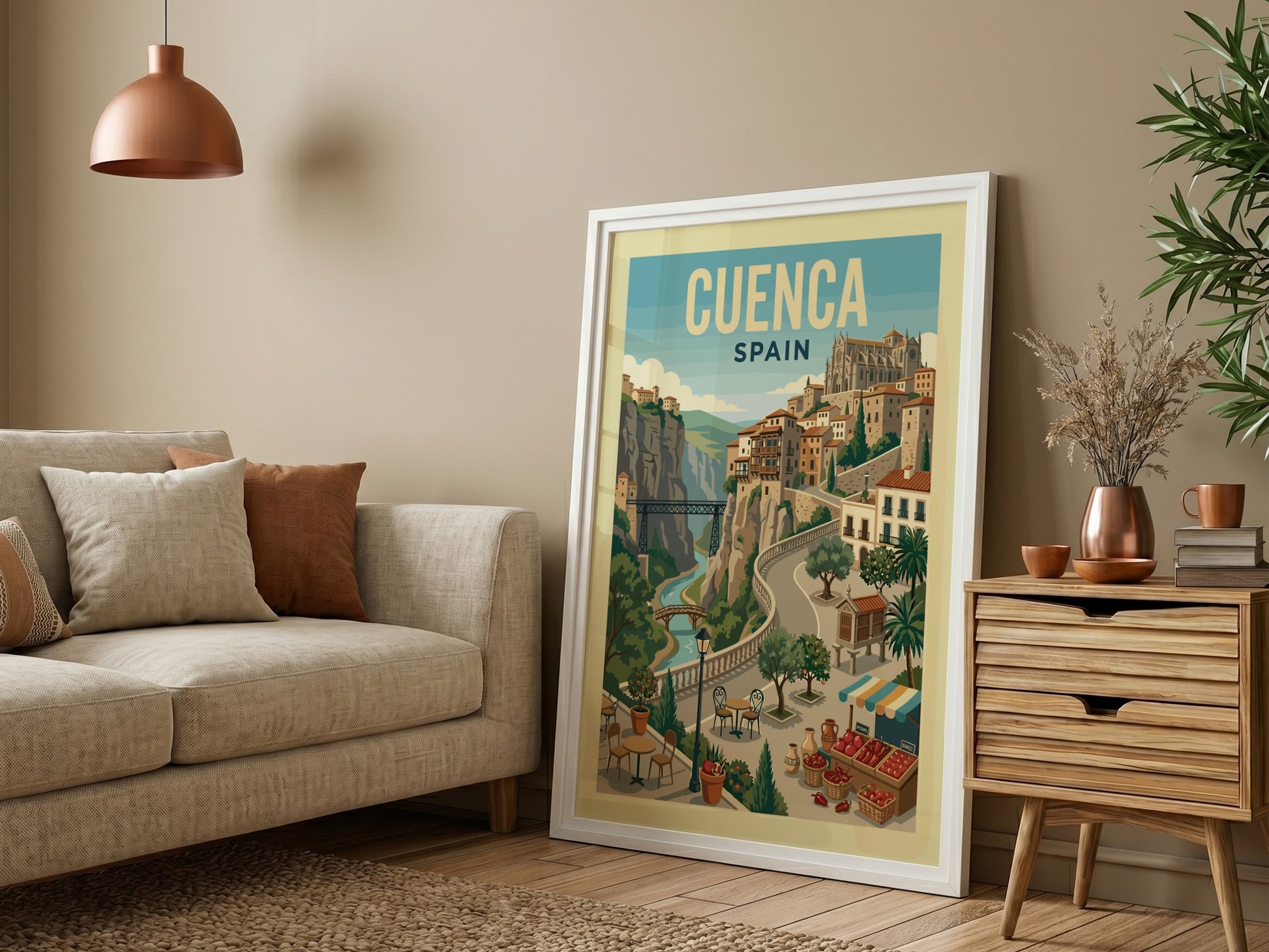 Vintage travel poster of Cuenca, Spain, showcasing hanging houses and a river gorge in a retro art style.
