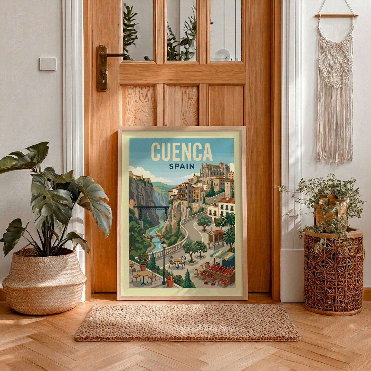 Vintage travel poster of Cuenca, Spain, showcasing hanging houses and a river gorge in a retro art style.