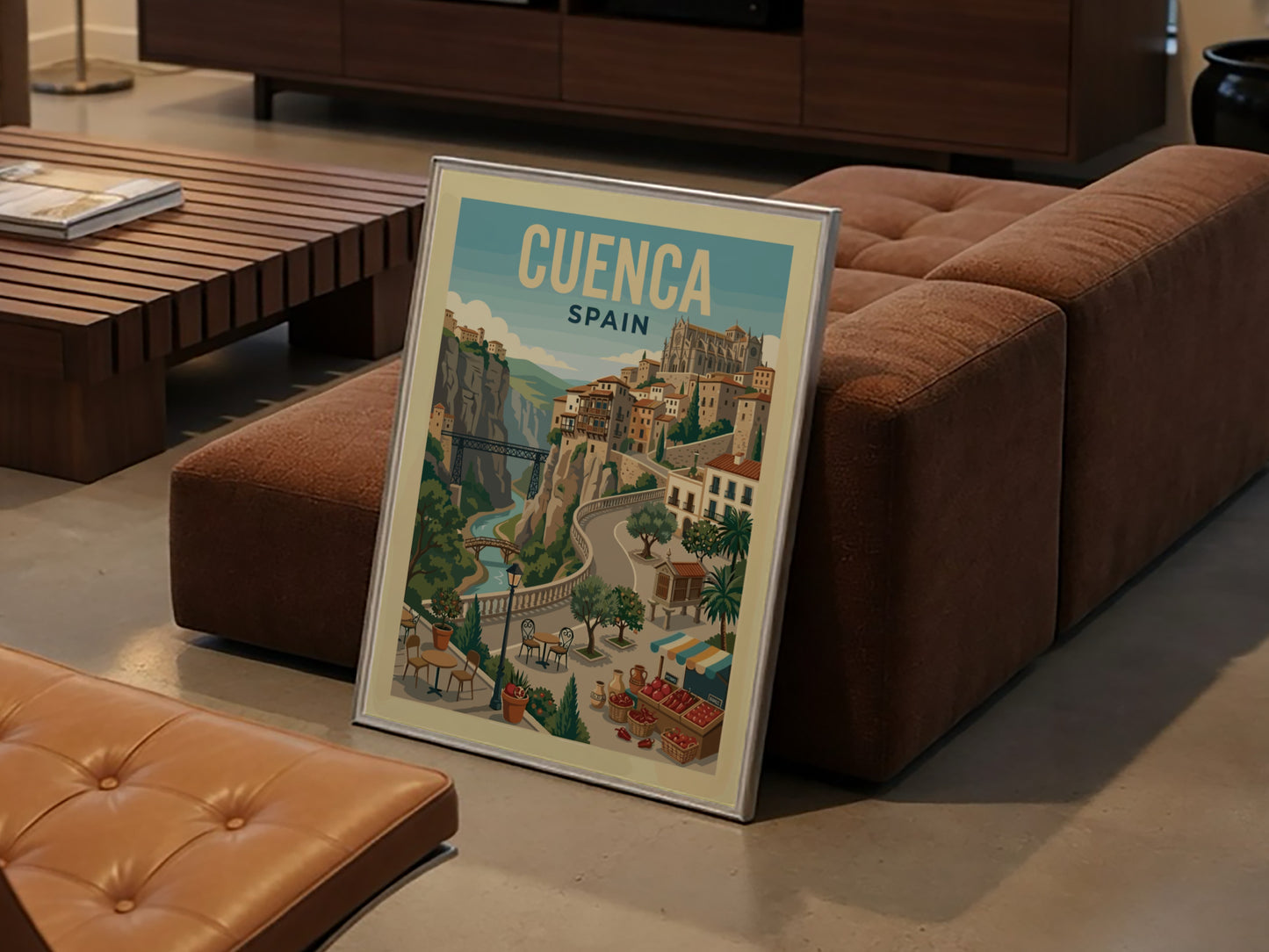 Vintage travel poster of Cuenca, Spain, showcasing hanging houses and a river gorge in a retro art style.