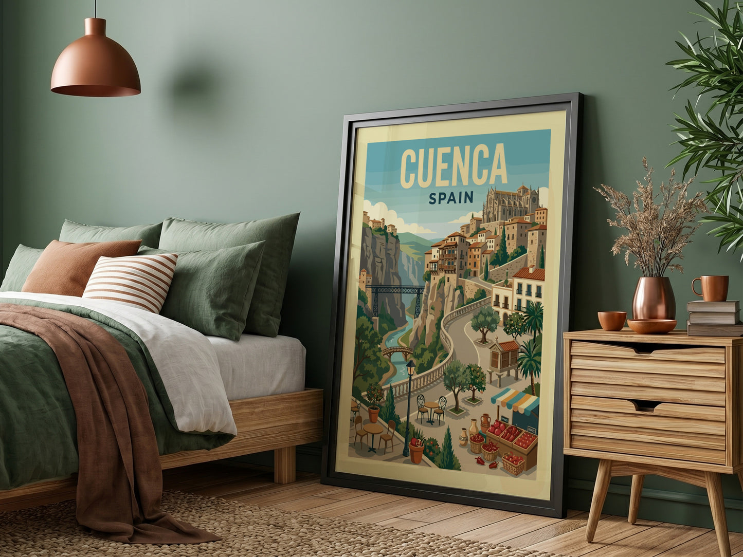 Vintage travel poster of Cuenca, Spain, showcasing hanging houses and a river gorge in a retro art style.