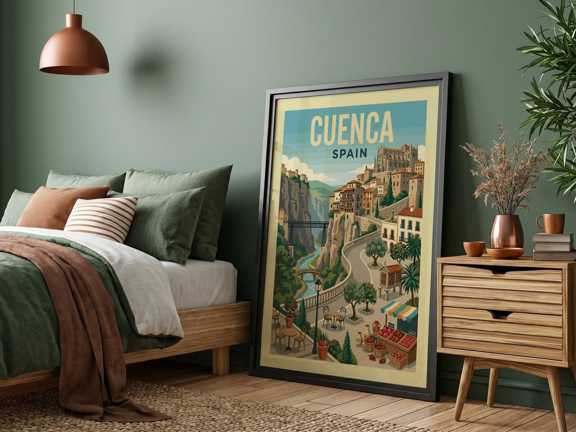 Vintage travel poster of Cuenca, Spain, showcasing hanging houses and a river gorge in a retro art style.