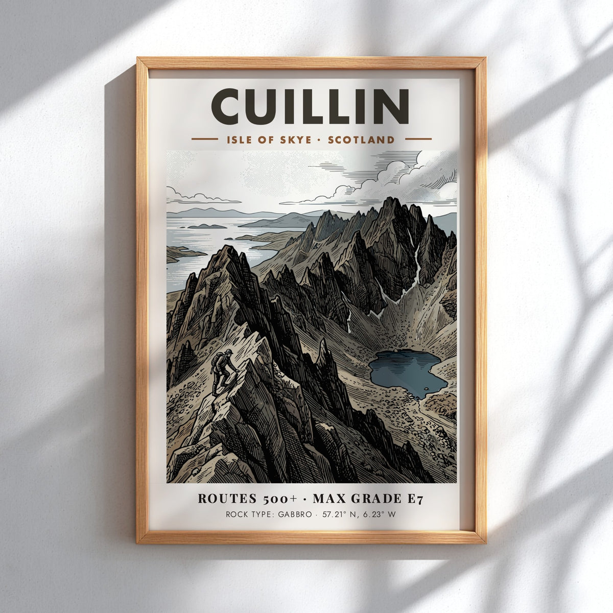 Mountain climbing poster featuring the rugged Cuillin peaks on the Isle of Skye Scotland.