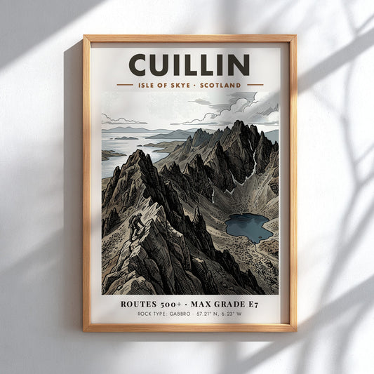 Mountain climbing poster featuring the rugged Cuillin peaks on the Isle of Skye Scotland.