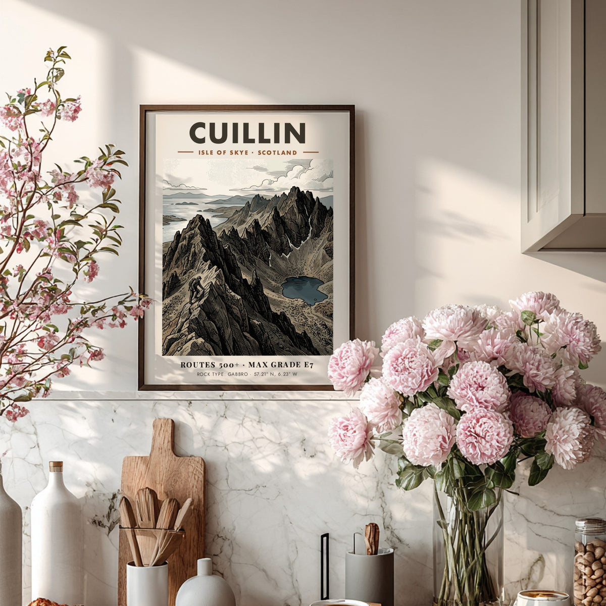 Mountain climbing poster featuring the rugged Cuillin peaks on the Isle of Skye Scotland.