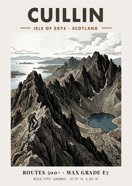 Mountain climbing poster featuring the rugged Cuillin peaks on the Isle of Skye Scotland.