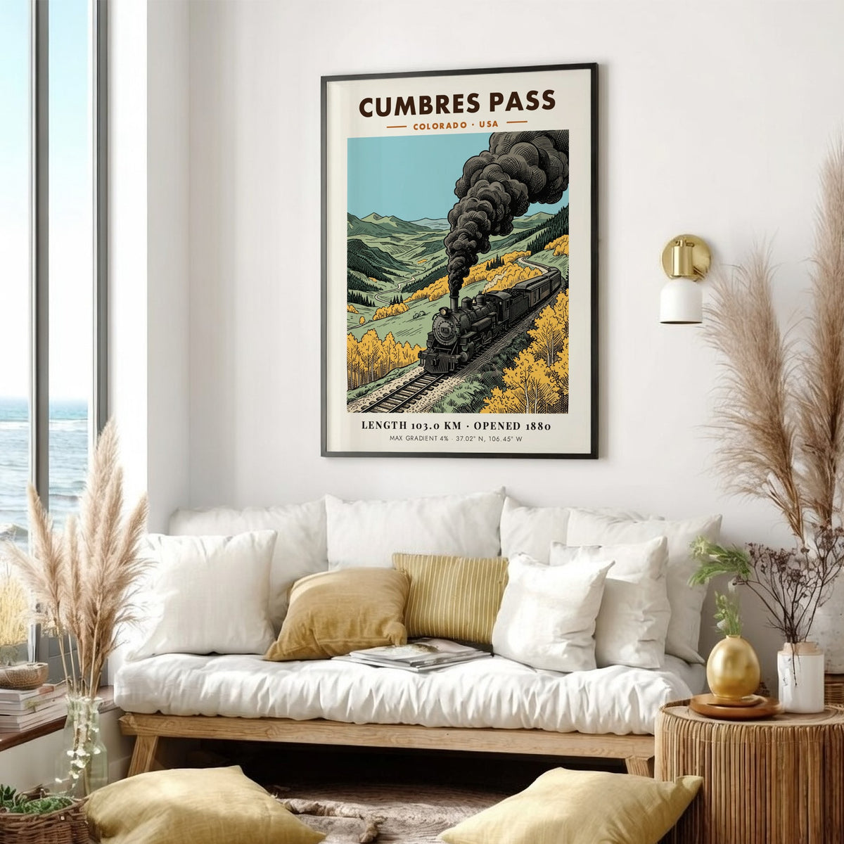 Poster featuring a vintage steam locomotive traveling through a golden mountain pass in Colorado.