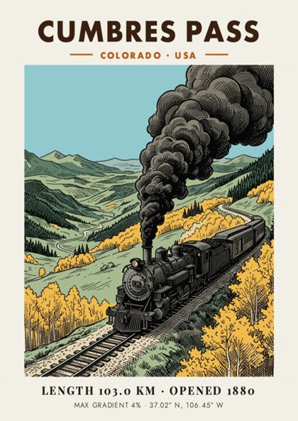 Poster featuring a vintage steam locomotive traveling through a golden mountain pass in Colorado.