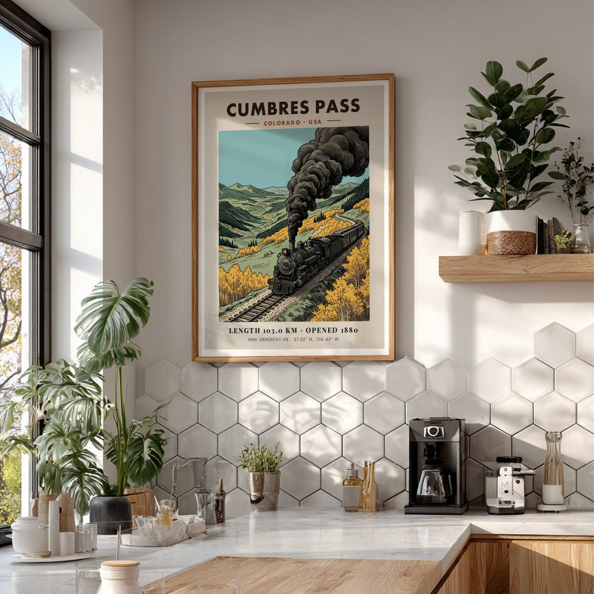 Poster featuring a vintage steam locomotive traveling through a golden mountain pass in Colorado.