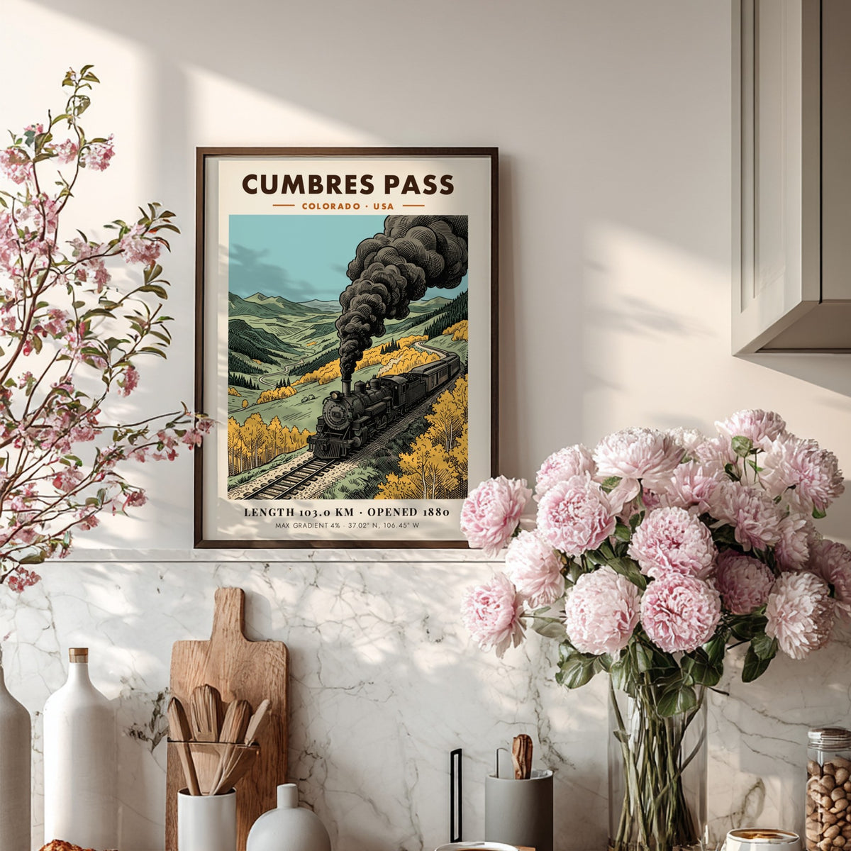 Poster featuring a vintage steam locomotive traveling through a golden mountain pass in Colorado.