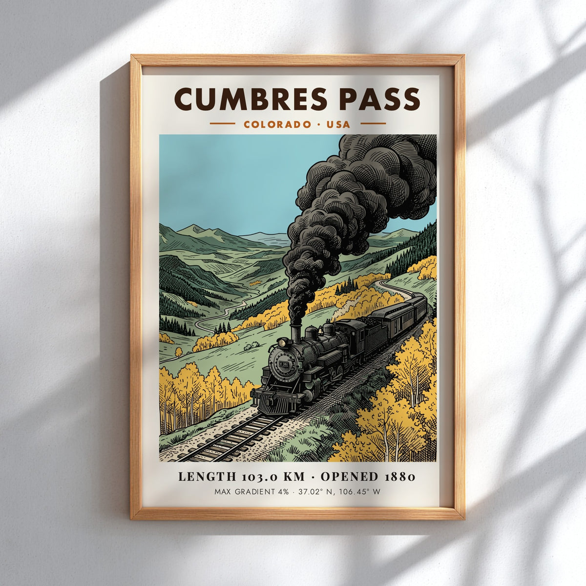 Poster featuring a vintage steam locomotive traveling through a golden mountain pass in Colorado.