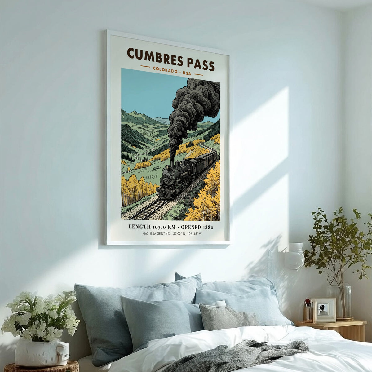 Poster featuring a vintage steam locomotive traveling through a golden mountain pass in Colorado.