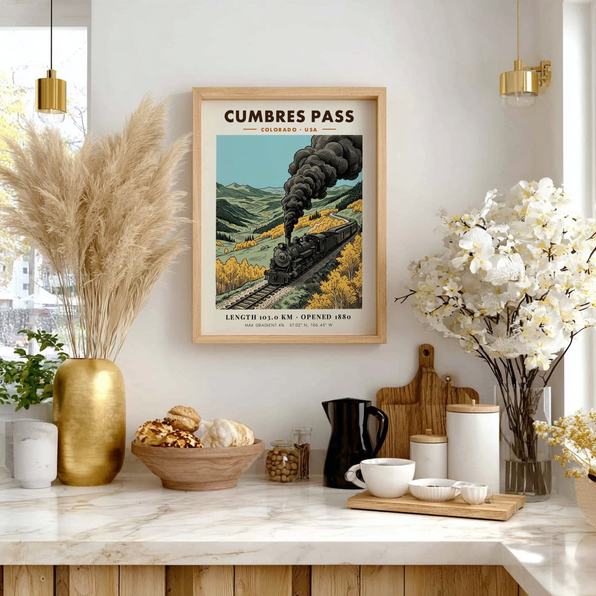 Poster featuring a vintage steam locomotive traveling through a golden mountain pass in Colorado.