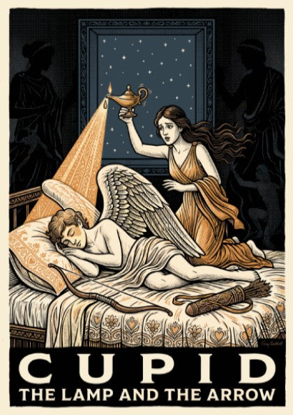 Poster featuring Psyche holding a lamp over a sleeping Cupid in classical style