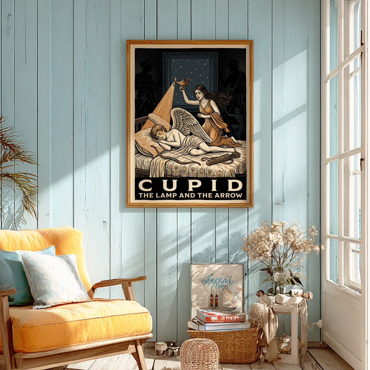 Poster featuring Psyche holding a lamp over a sleeping Cupid in classical style