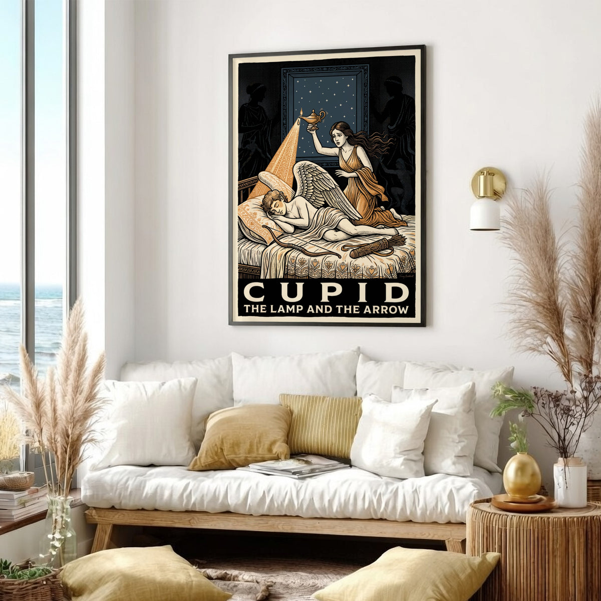 Poster featuring Psyche holding a lamp over a sleeping Cupid in classical style