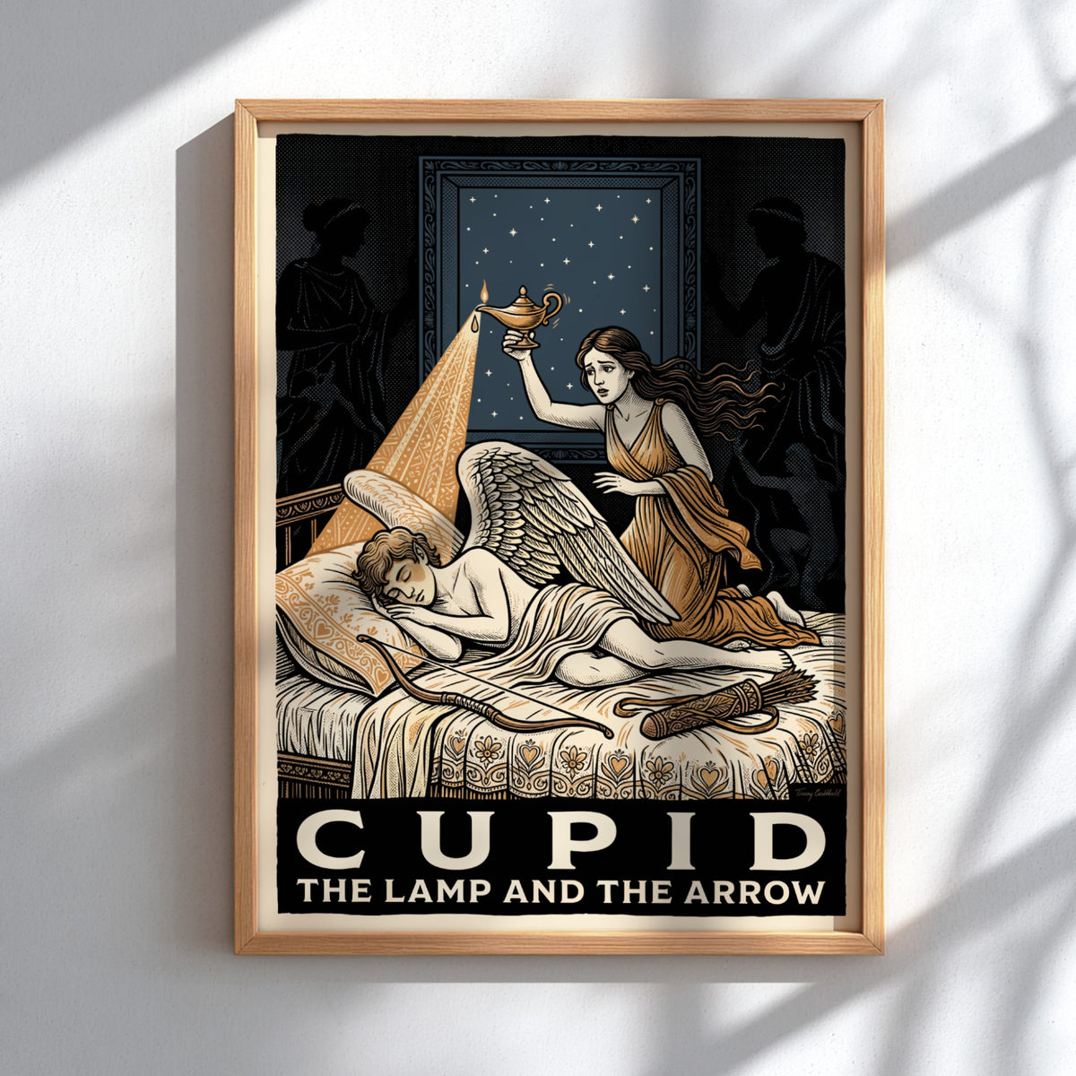 Poster featuring Psyche holding a lamp over a sleeping Cupid in classical style