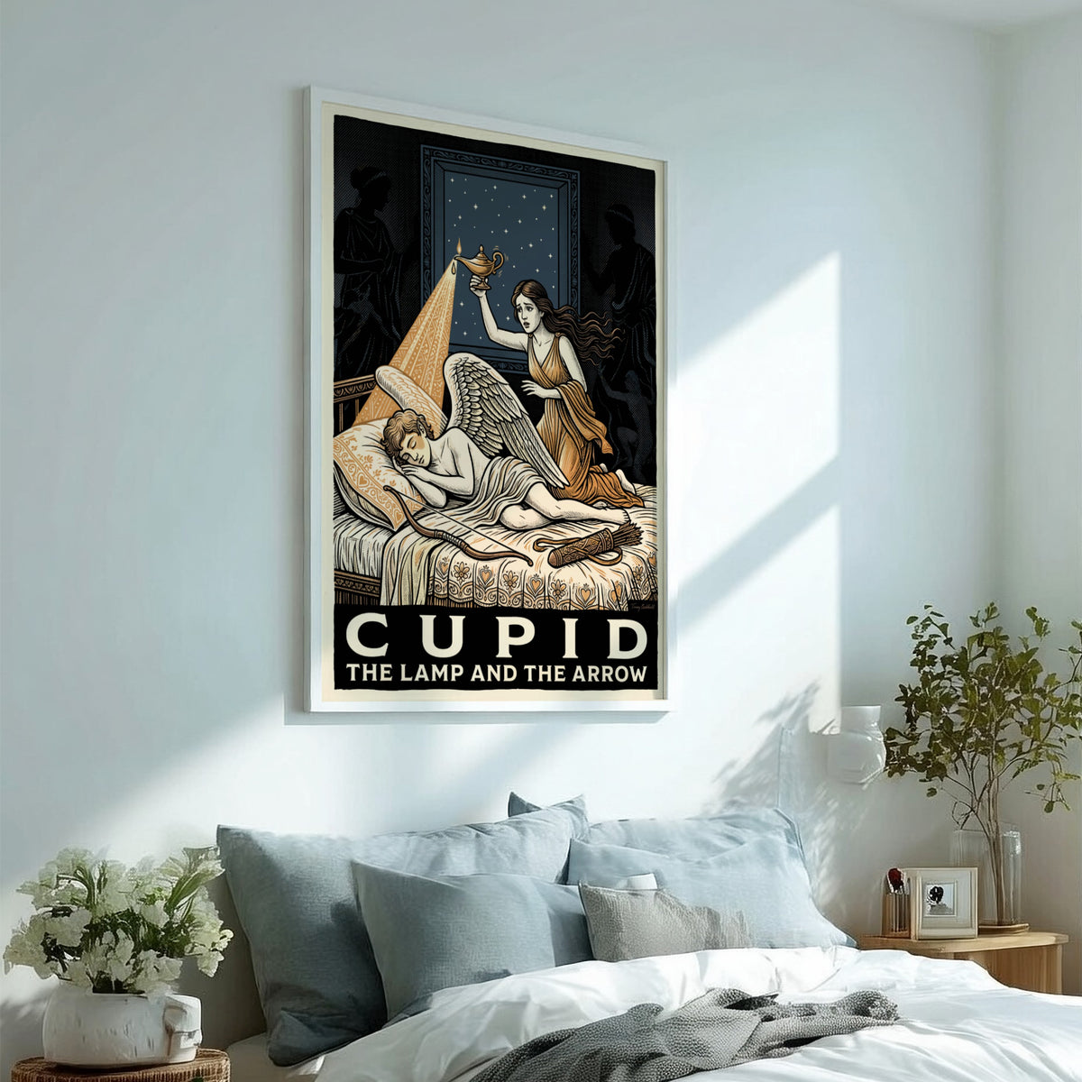 Poster featuring Psyche holding a lamp over a sleeping Cupid in classical style