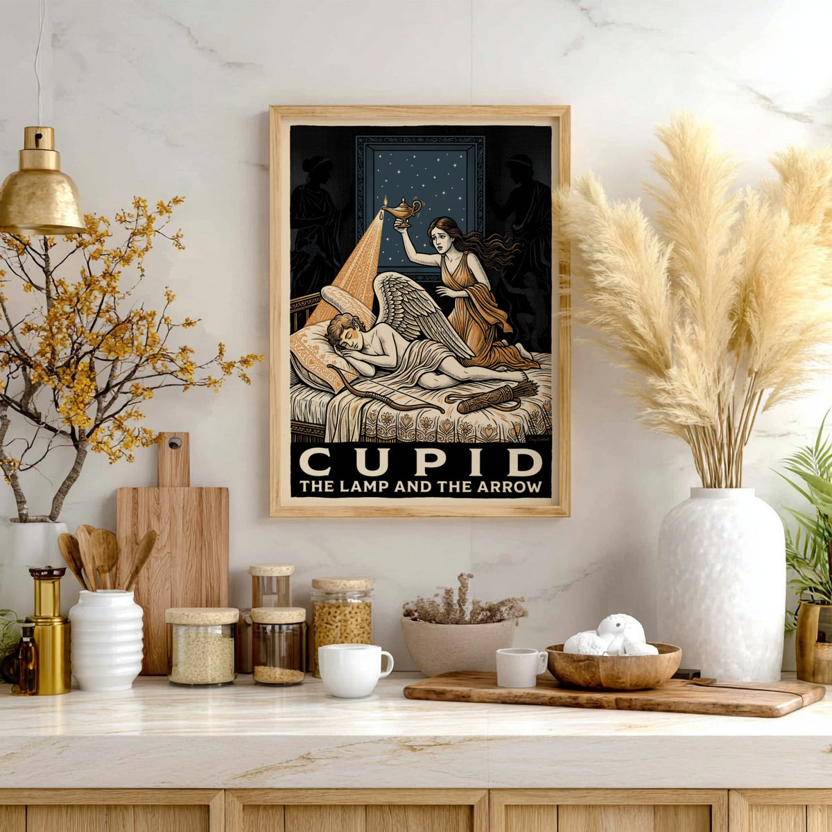 Poster featuring Psyche holding a lamp over a sleeping Cupid in classical style