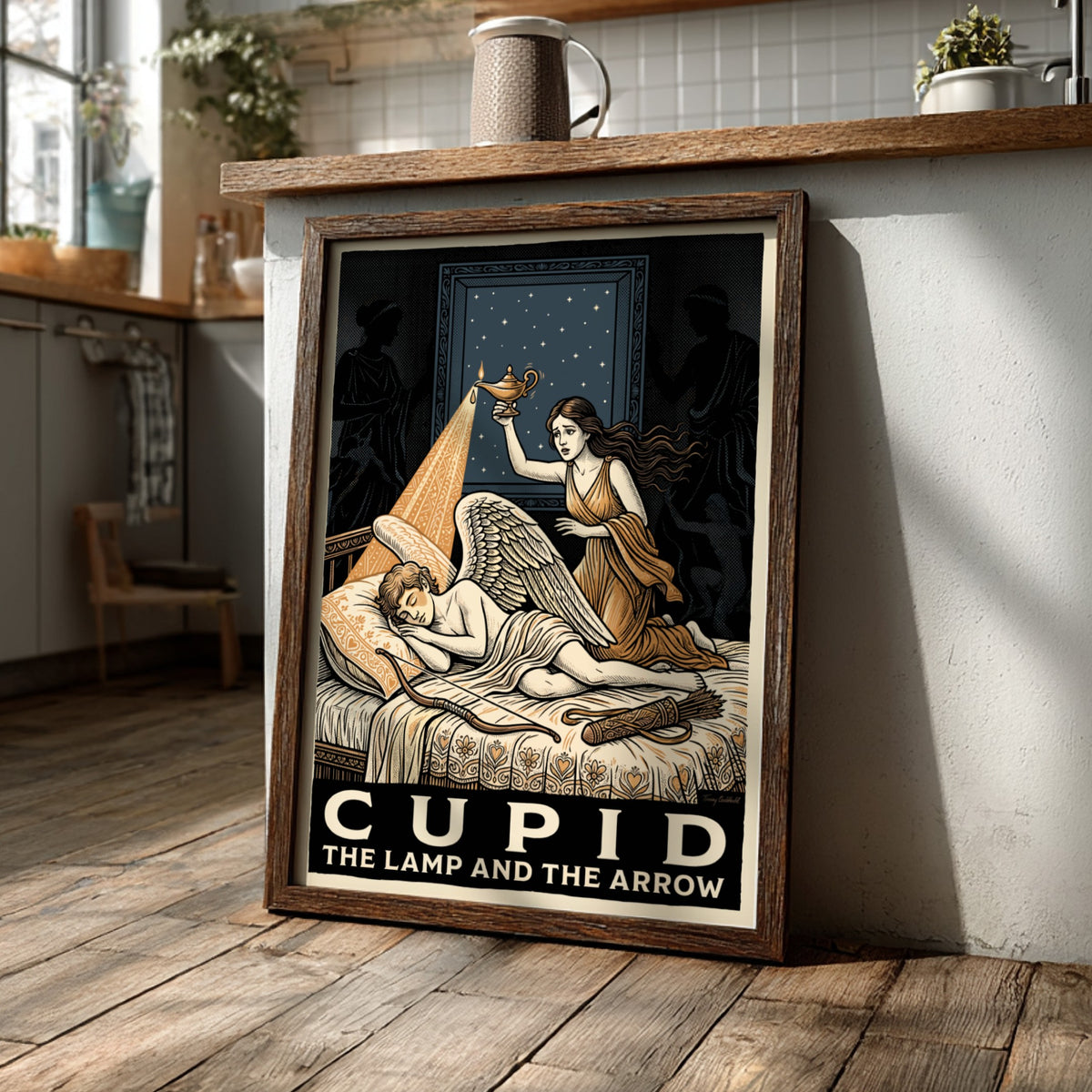 Poster featuring Psyche holding a lamp over a sleeping Cupid in classical style