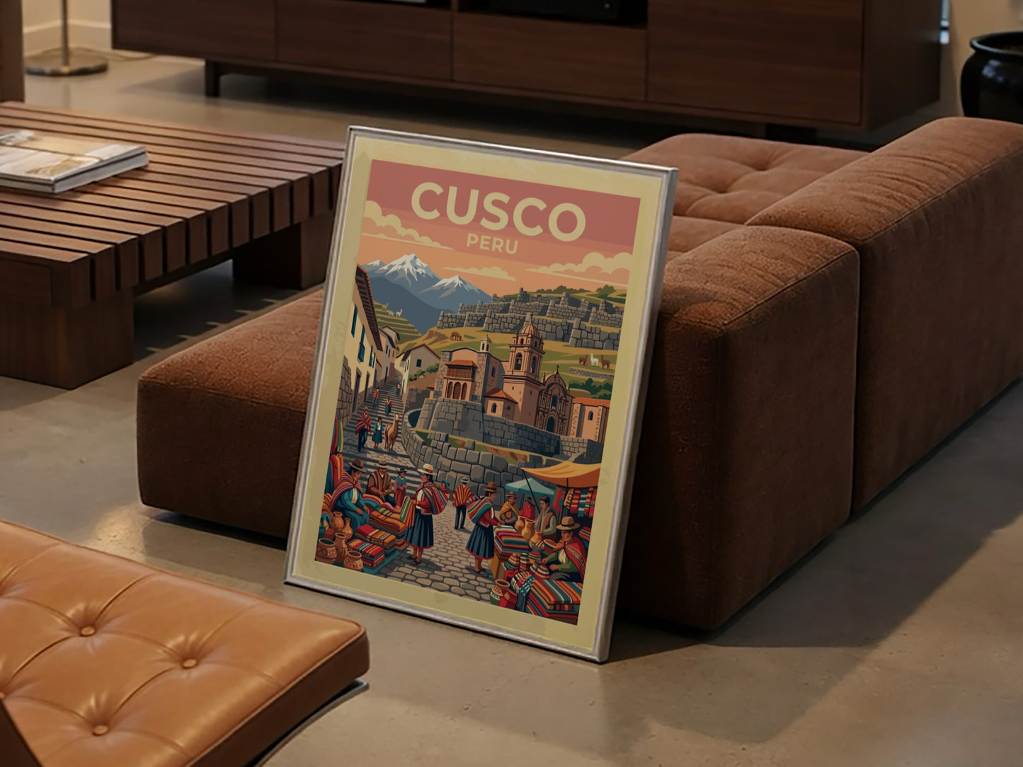 South America travel poster of Cusco Peru featuring mountain peaks and market vendors.