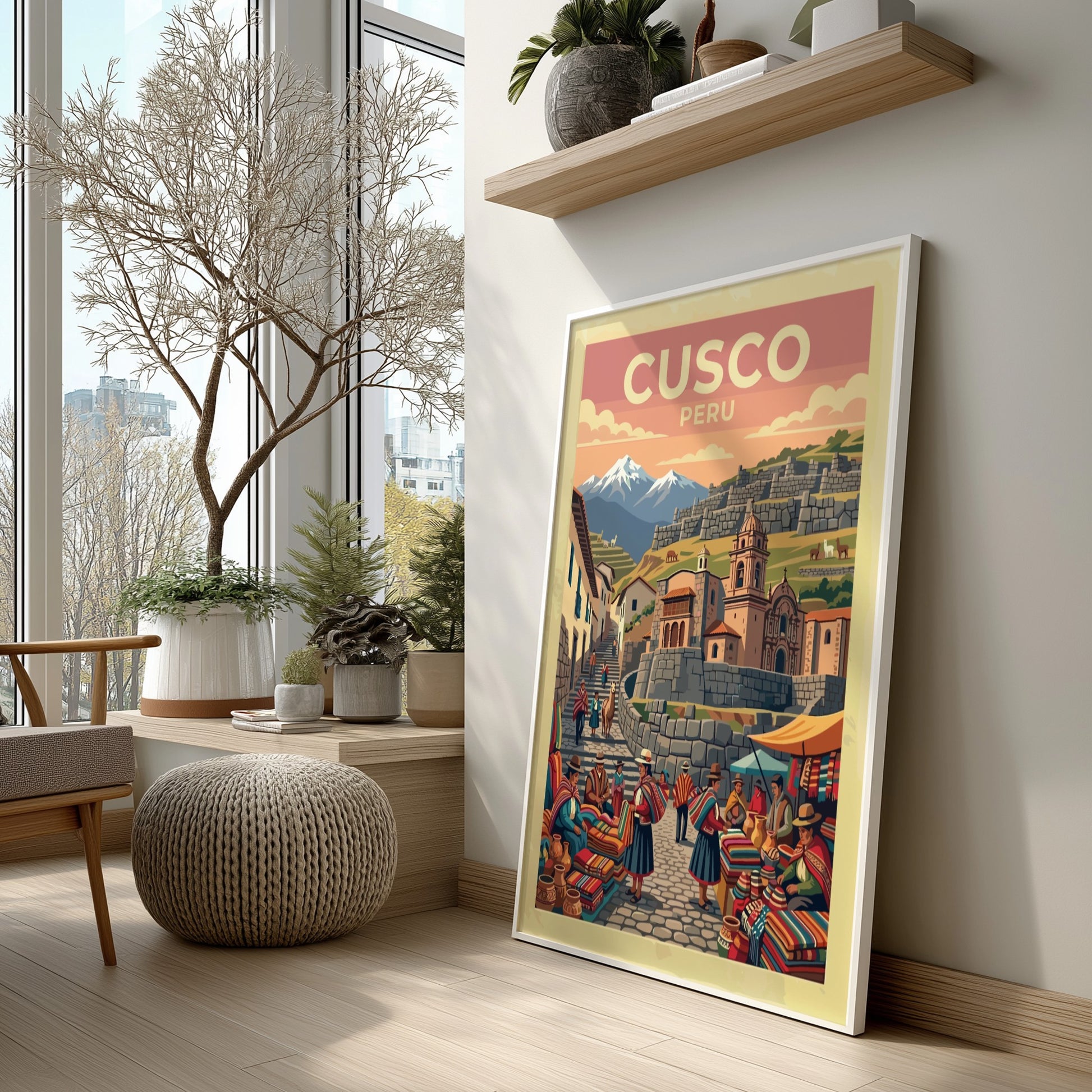 South America travel poster of Cusco Peru featuring mountain peaks and market vendors.