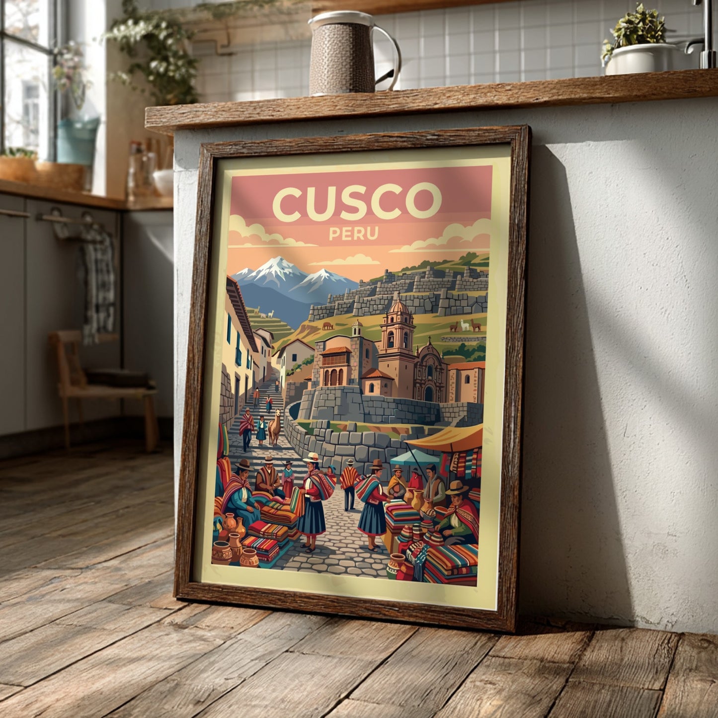 South America travel poster of Cusco Peru featuring mountain peaks and market vendors.