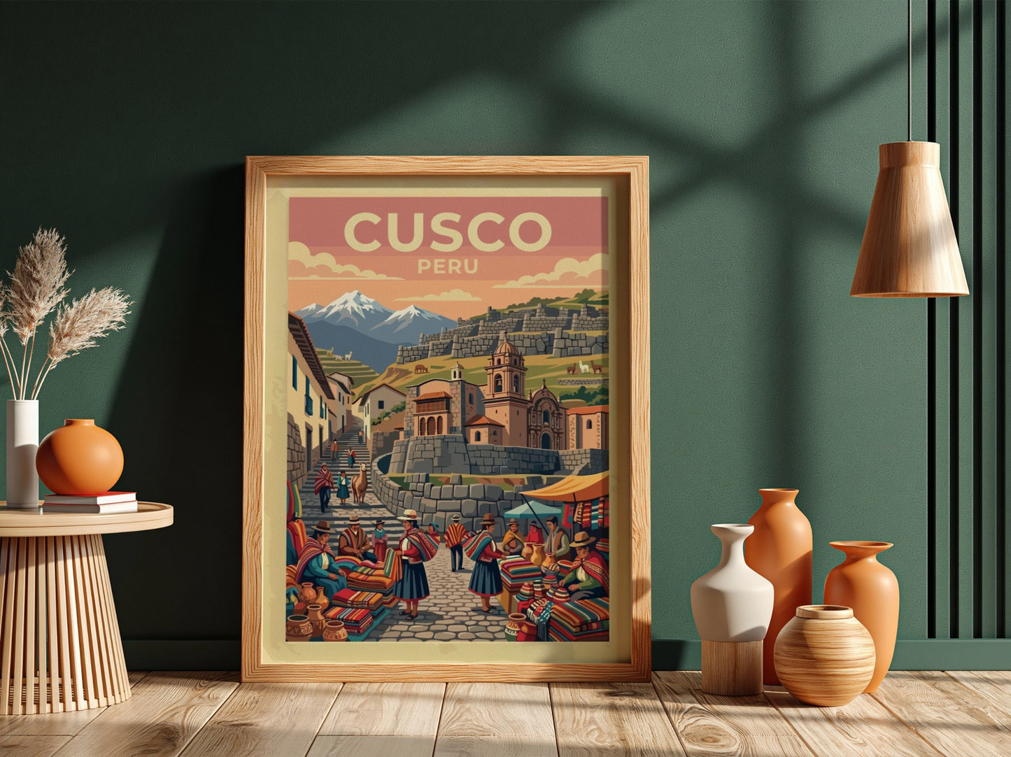 South America travel poster of Cusco Peru featuring mountain peaks and market vendors.