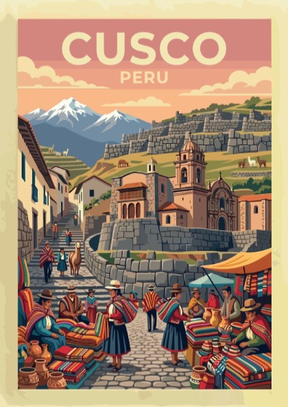 South America travel poster of Cusco Peru featuring mountain peaks and market vendors.