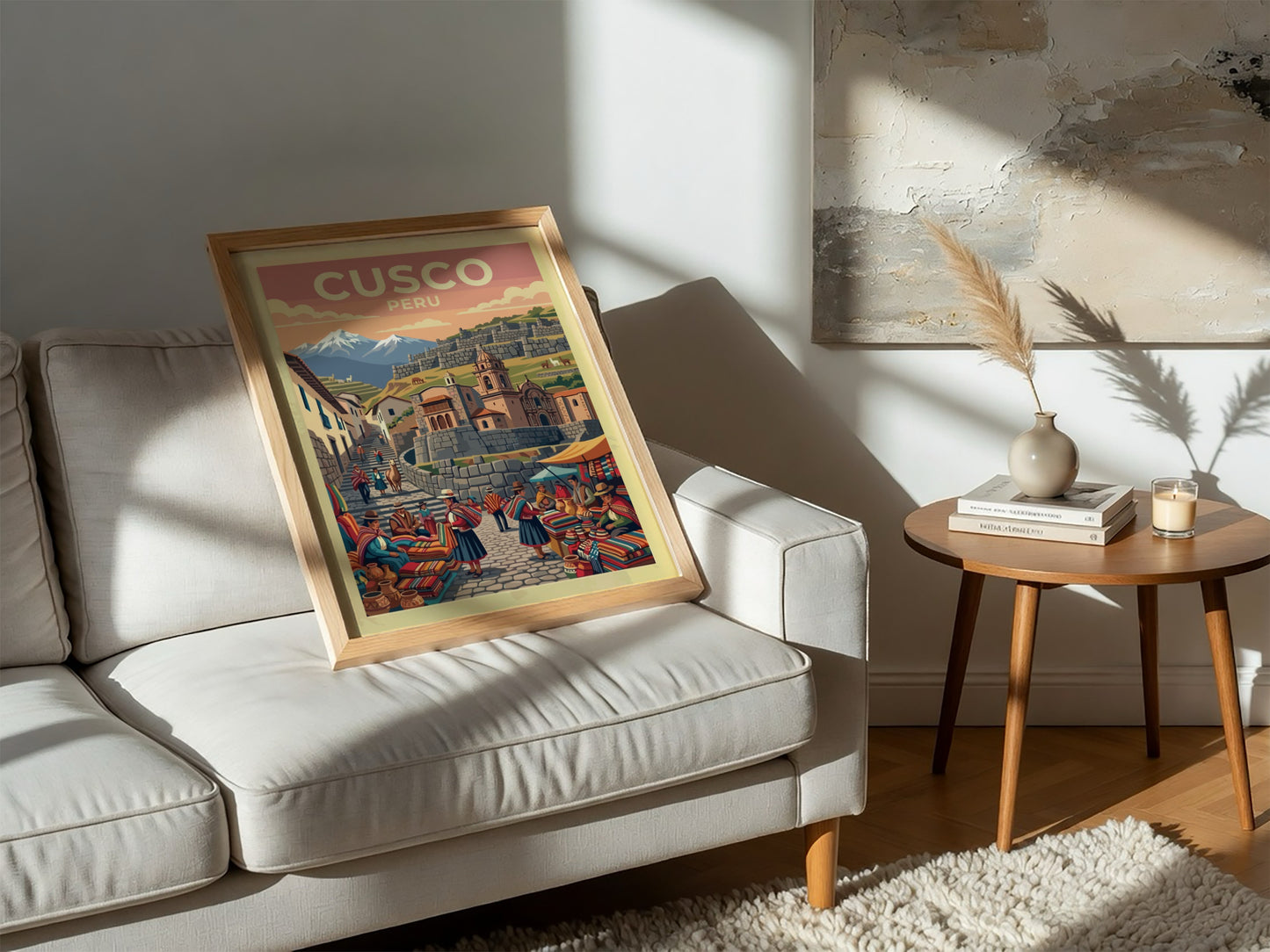 South America travel poster of Cusco Peru featuring mountain peaks and market vendors.