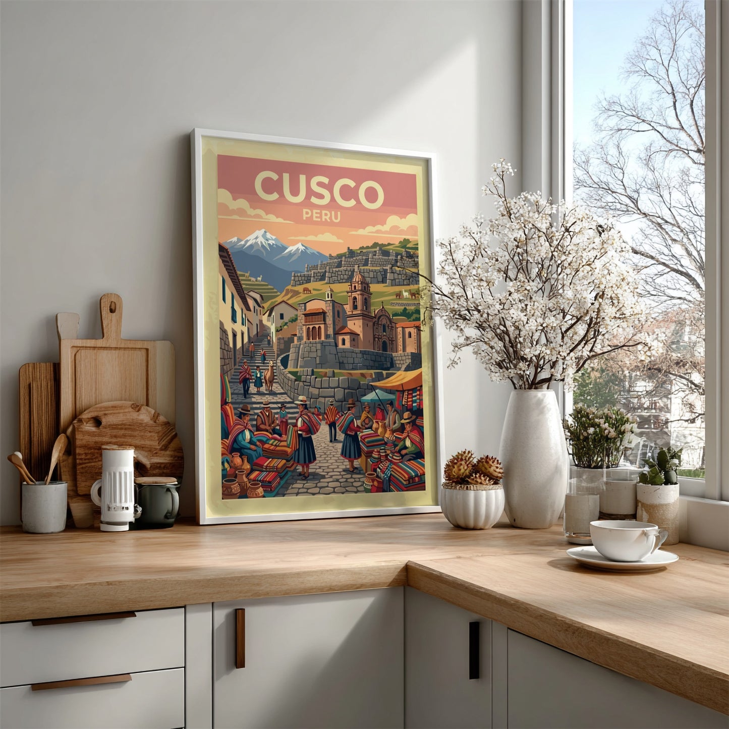 South America travel poster of Cusco Peru featuring mountain peaks and market vendors.