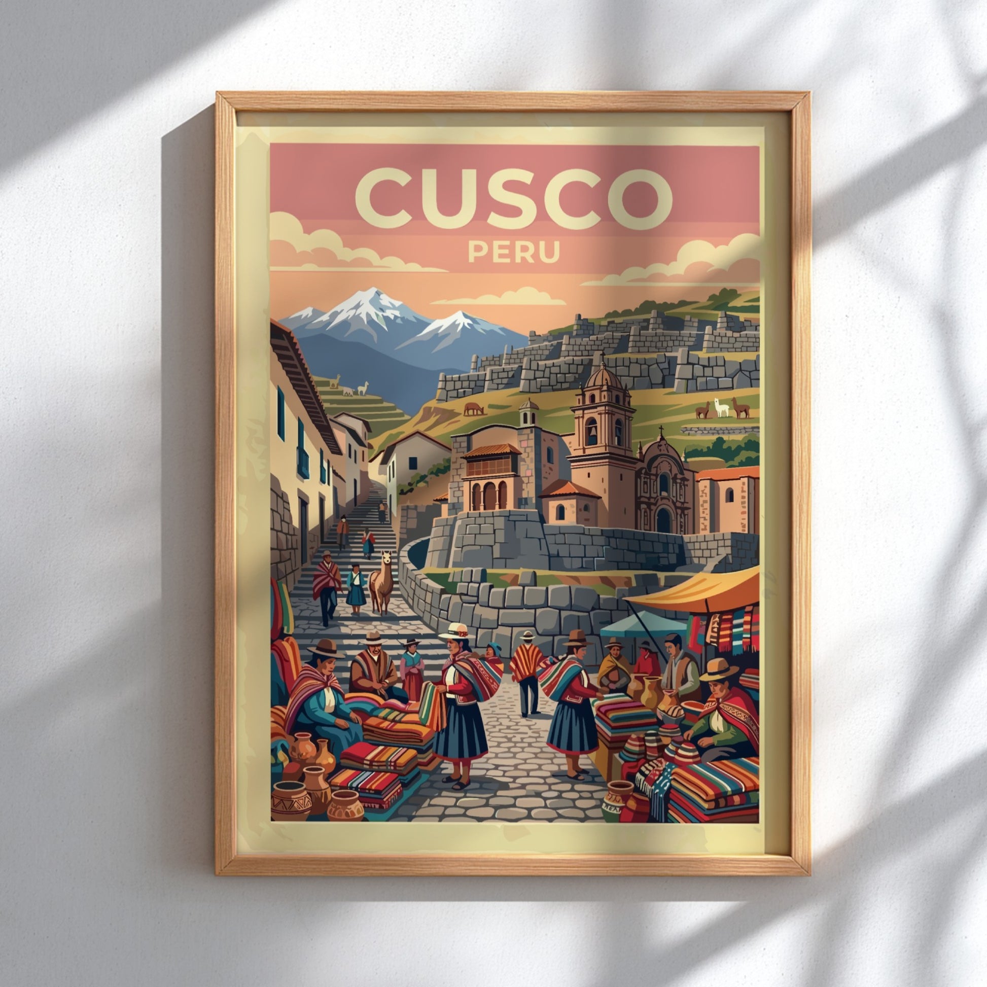 South America travel poster of Cusco Peru featuring mountain peaks and market vendors.