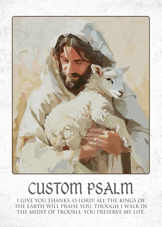 Illustration of a man holding a lamb with a custom Psalm text below on a light background