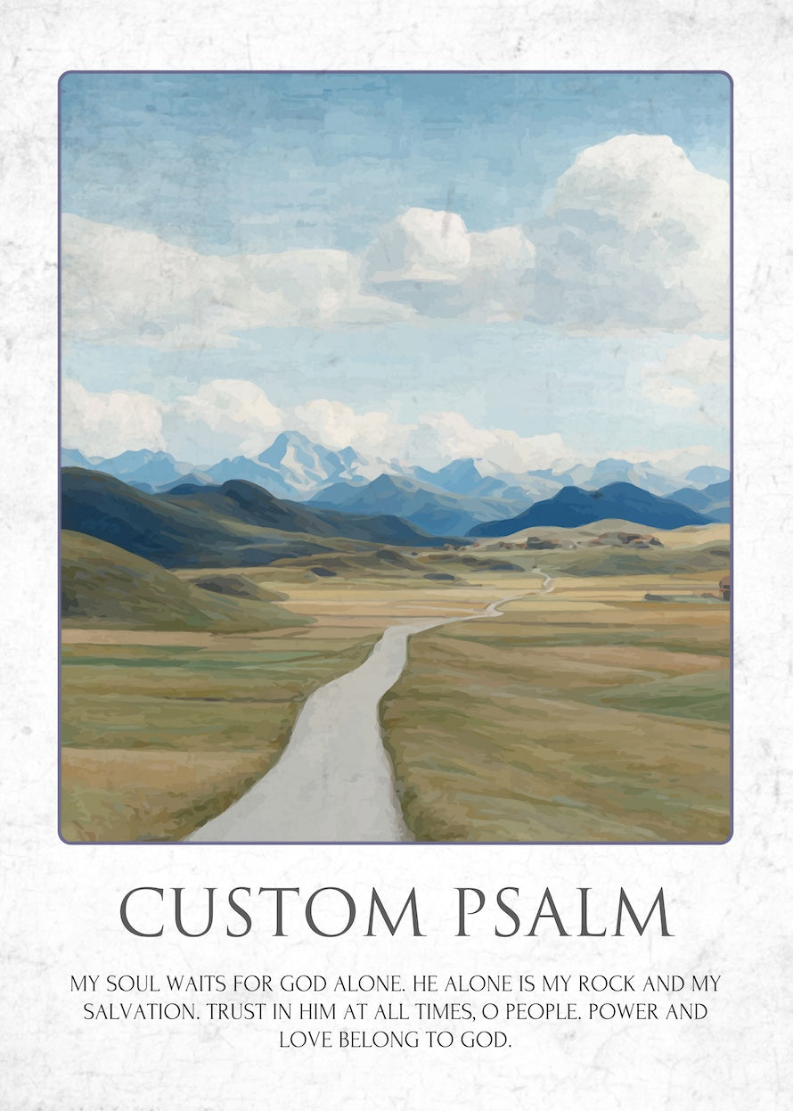 Scenic landscape with a road leading to mountains, featuring the text 'Custom Psalm' at the bottom.