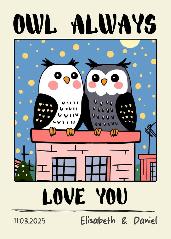 Custom Owl Couple Print – Personalised Vintage Art Print