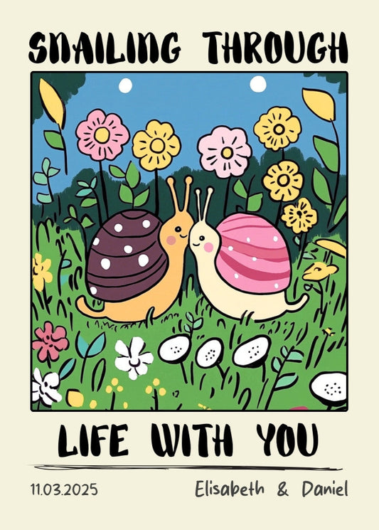 Custom Snail Couple Portrait – Personalized Retro Art Print