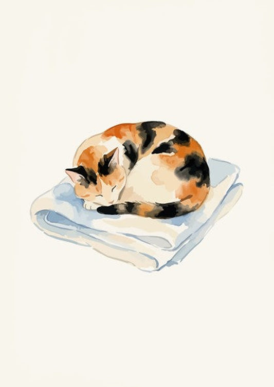 Watercolour poster of a sleeping calico cat curled up on a light blue blanket