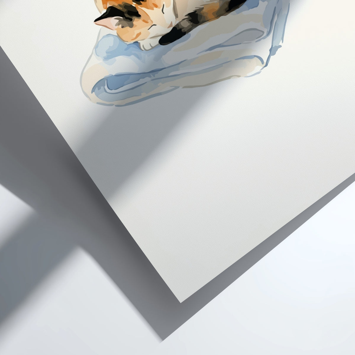 Watercolour poster of a sleeping calico cat curled up on a light blue blanket