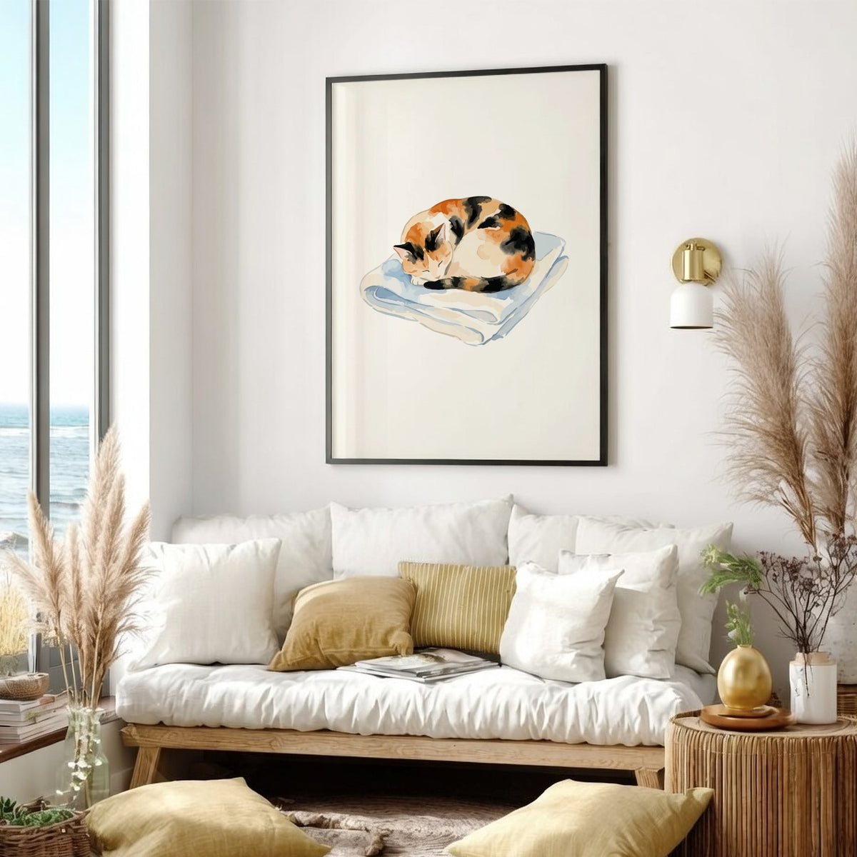 Watercolour poster of a sleeping calico cat curled up on a light blue blanket